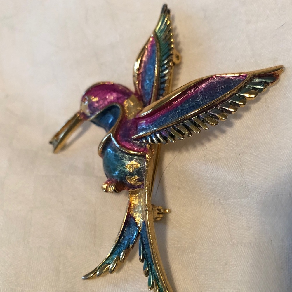 Vintage cloisonné hummingbird brooch